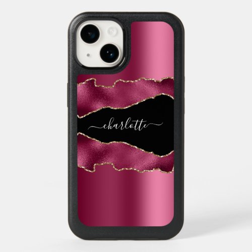 Pink gold black agate marble name script OtterBox iPhone 14 case