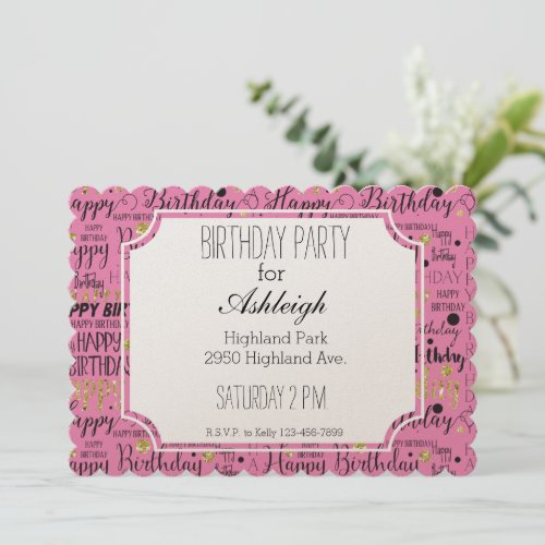 Pink Gold Black Confetti birthday Invitation