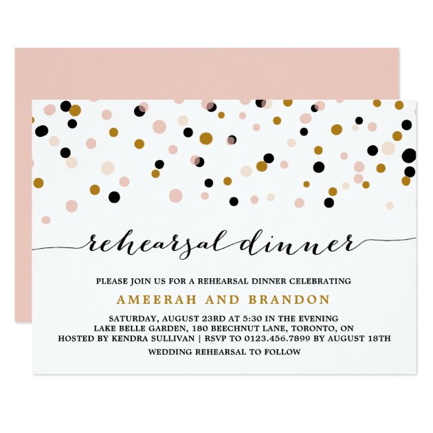 Pink, Gold & Black Confetti Dots Rehearsal Dinner Invitation