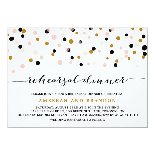 Pink, Gold & Black Confetti Dots Rehearsal Dinner Invitation