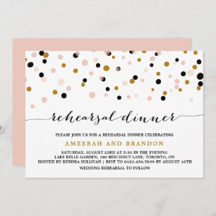 Pink, Gold & Black Confetti Dots Rehearsal Dinner Invitation