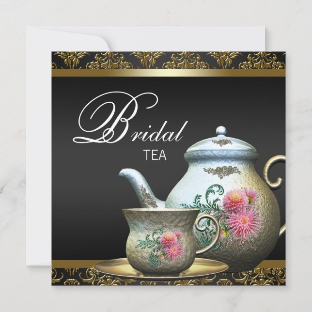 Pink Gold Black Damask Bridal Tea Shower Invitation (Front)