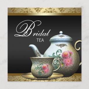 Pink Gold Black Damask Tea Cup Bridal Shower Invitation