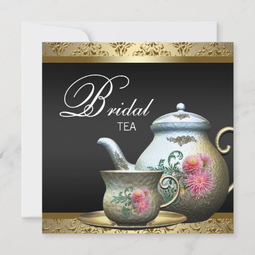 Pink Gold Black Damask Tea Cup Bridal Shower Invitation