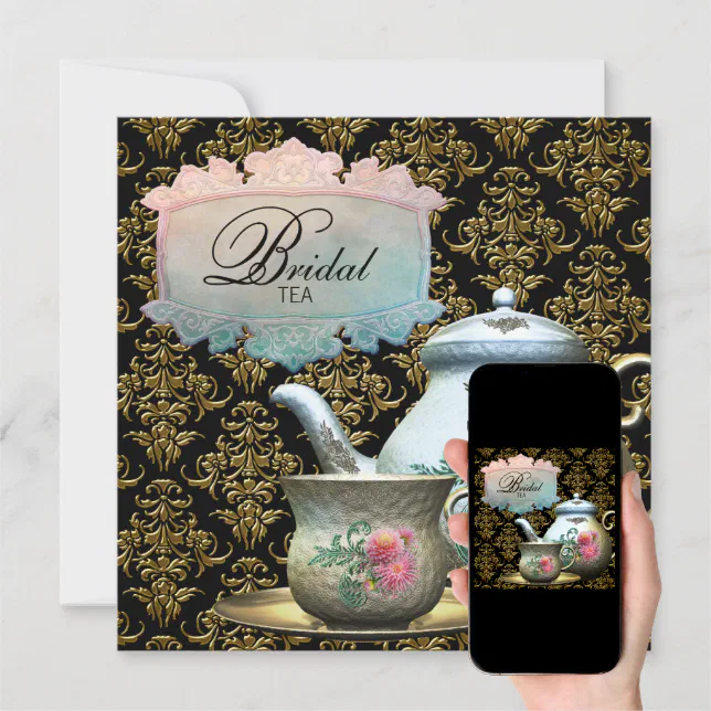 Pink Gold Black Damask Tea Cup Bridal Shower Invitation Zazzle