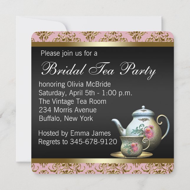Pink Gold Black Damask Tea Cup Bridal Shower Invitation (Back)