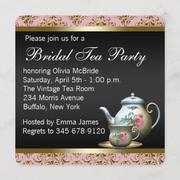 Pink Gold Black Damask Tea Cup Bridal Shower Invitation by InvitationCentral at Zazzle