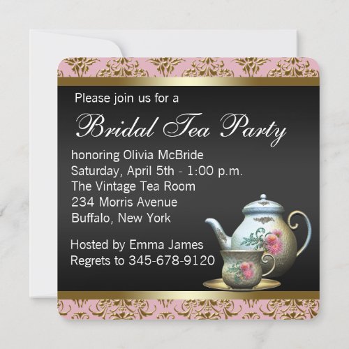 Pink Gold Black Damask Tea Cup Bridal Shower Invitation