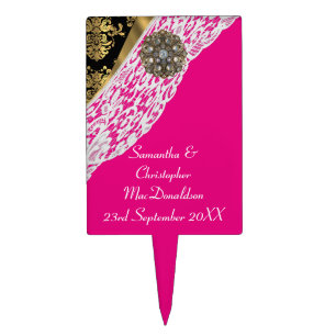 Pink gold black damask white lace wedding cake topper