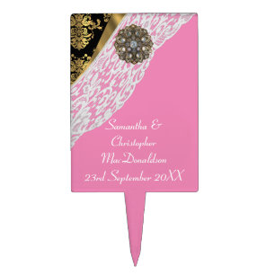 Pink gold black  damask white lace wedding cake topper