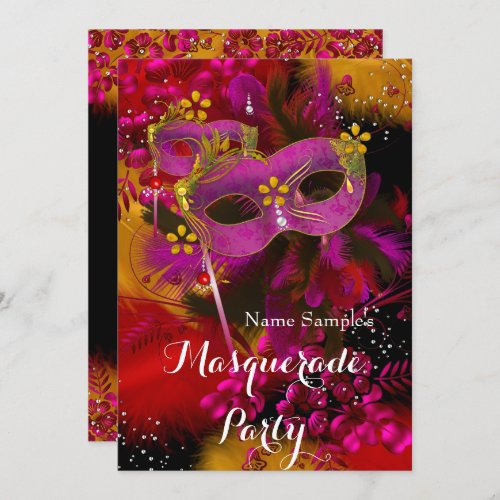 Pink Gold Black Floral Masquerade Birthday Party Invitation