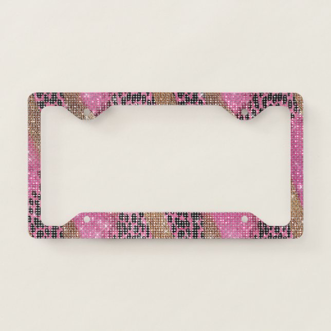 Pink Gold Black Leopard Animal Print Sparkle License Plate Frame (Front)