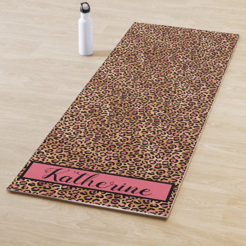 Pink Gold Black Leopard Spots Print Monogrammed Yoga Mat