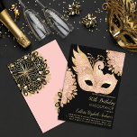 Pink Gold Black Masquerade Mask 50th Birthday Invitation<br><div class="desc">This pretty and modern-themed 50th birthday party invitation is perfect for the trendy and stylish birthday woman. Its beautiful, unique and elegant design depicts a faux printed gold foil with blush pink hand-drawn masquerade butterfly mask on top of a simple black background. This illustrative drawing is complemented with two floral...</div>