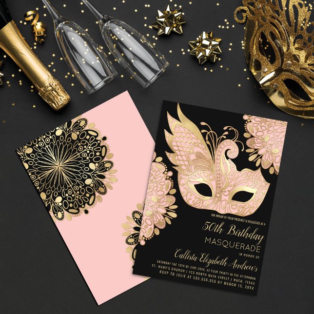 Pink Gold Black Masquerade Mask 50th Birthday Invitation (Creator Uploaded)