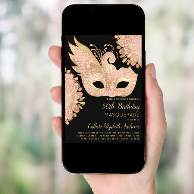 Pink Gold Black Masquerade Mask 50th Birthday Invitation (Front Digital)