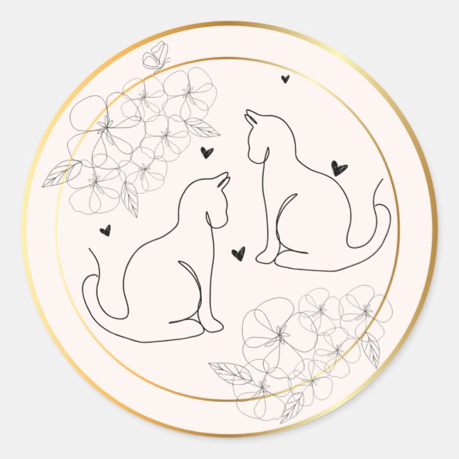 Pink Gold Black Minimal Drawn Floral Cat Sticker (Front)
