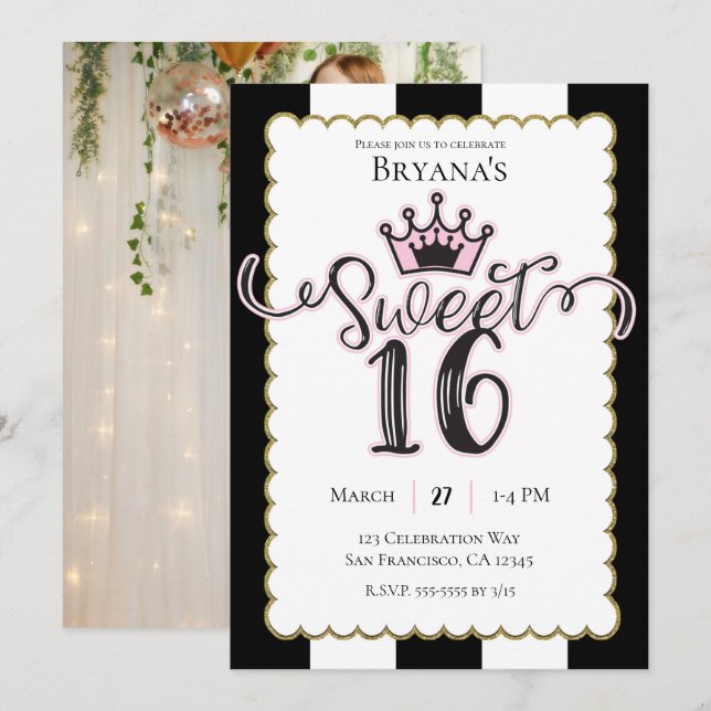 Pink Gold Black Sweet 16 Photo Birthday Party Invitation (Front/Back)