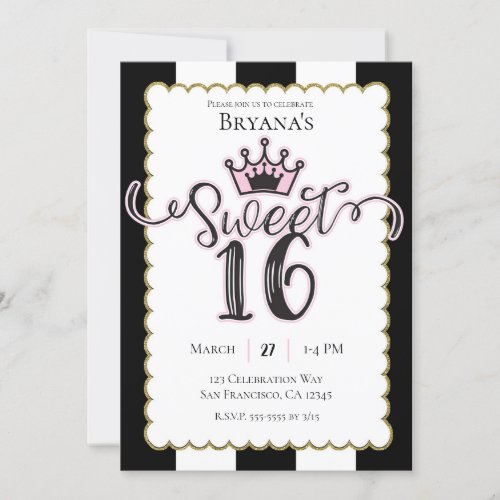 Pink Gold Black Sweet 16 Striped Birthday Party Invitation