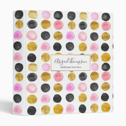 Pink Gold  Black  Watercolor Paint Dot Pattern 3 Ring Binder