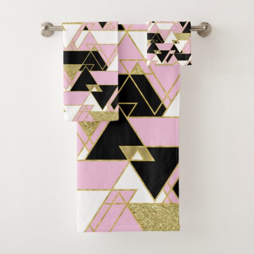 Pink Gold Black White Boho Glam Triangles Pattern Bath Towel Set
