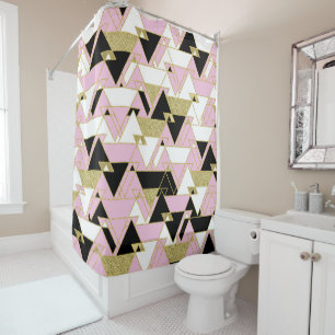 Pink Gold Black White Boho Glam Triangles Pattern Shower Curtain
