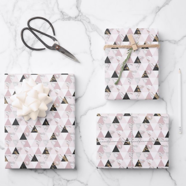 Pink Gold Black White Marble Geometric Birthday Wrapping Paper Sheets (Front)