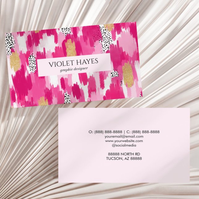 Pink Gold Black White Polka Dot Brush Stroke Business Card (Creator Uploaded)