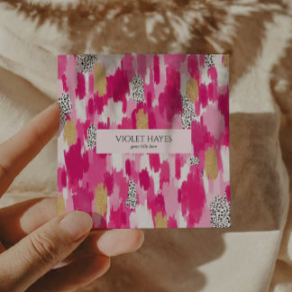Pink Gold Black White Polka Dot Brush Stroke Square Business Card