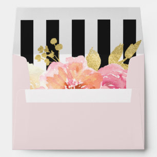 Pink Gold Black White Stripes Floral Wedding Envelope