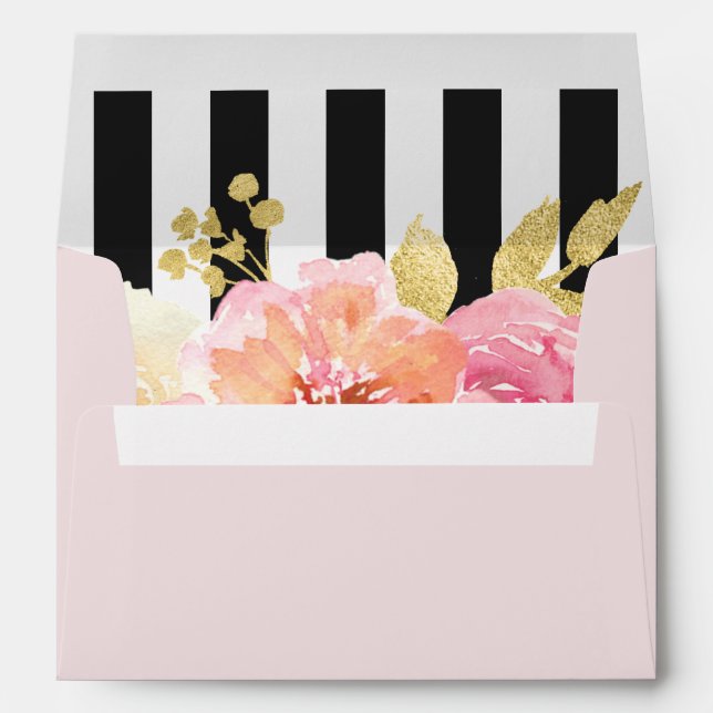 Pink Gold Black White Stripes Floral Wedding Envelope (Back (Bottom))