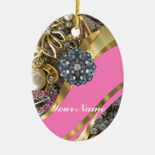 Pink & gold bling ceramic ornament