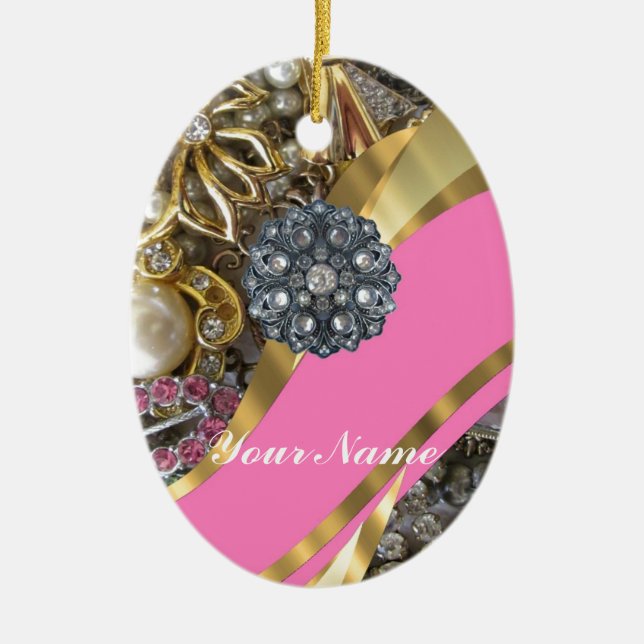 Pink & gold bling ceramic ornament (Front)