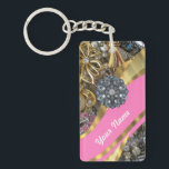 Pink & gold bling keychain<br><div class="desc">PERSONALIZE this pretty feminine girly pink swirl pattern & gold bling jewelry with sparkly crystal glitter crystal and rhinestones diamante jewels and gold pattern , with your own text, name or monogram, initials.
CUSTOMIZE Use the CUSTOMIZE BUTTON to adjust the text, font , size, position by drop & drag.</div>