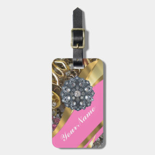 Pink & gold bling luggage tag