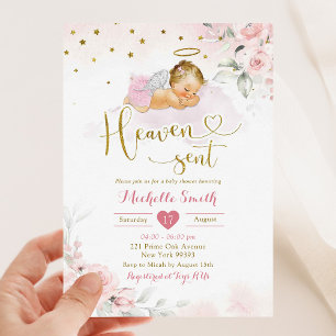 Pink Gold Blonde Girl Baby Heaven Sent Baby Shower Invitation