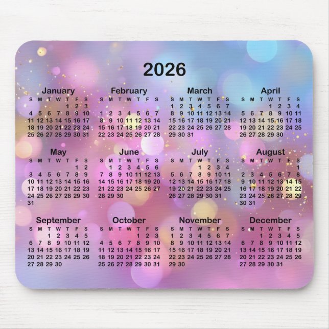 Pink Gold Blue Bokeh 2026 Calendar Mouse Pad (Front)