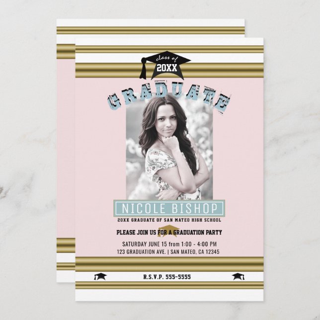 Pink Gold Blue Elegant Photo Graduation Party  Invitation (Front/Back)