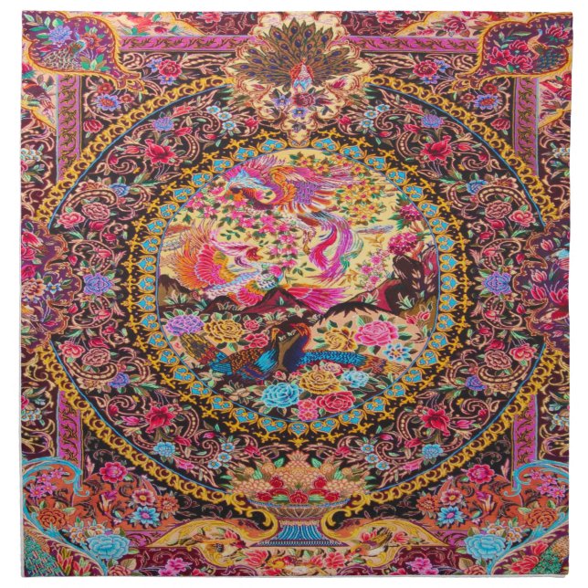 Pink Gold Blue Persian Floral Flowers Peacock Art Cloth Napkin (Front)