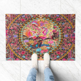 Pink Gold Blue Persian Floral Flowers Peacock Art Doormat