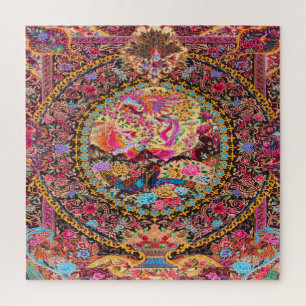 Pink Gold Blue Persian Floral Flowers Peacock Art Jigsaw Puzzle