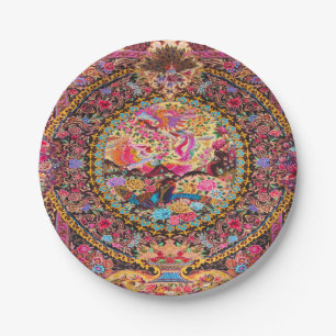 Pink Gold Blue Persian Floral Flowers Peacock Art Paper Plates