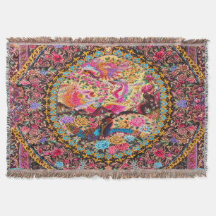 Pink Gold Blue Persian Floral Flowers Peacock Art Throw Blanket