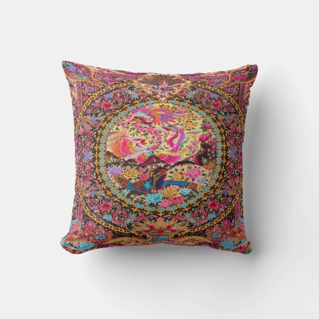 Pink Gold Blue Persian Floral Flowers Peacock Art Throw Pillow (Front)