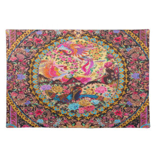 Pink Gold Blue Persian Floral Flowers Peacock Cloth Placemat