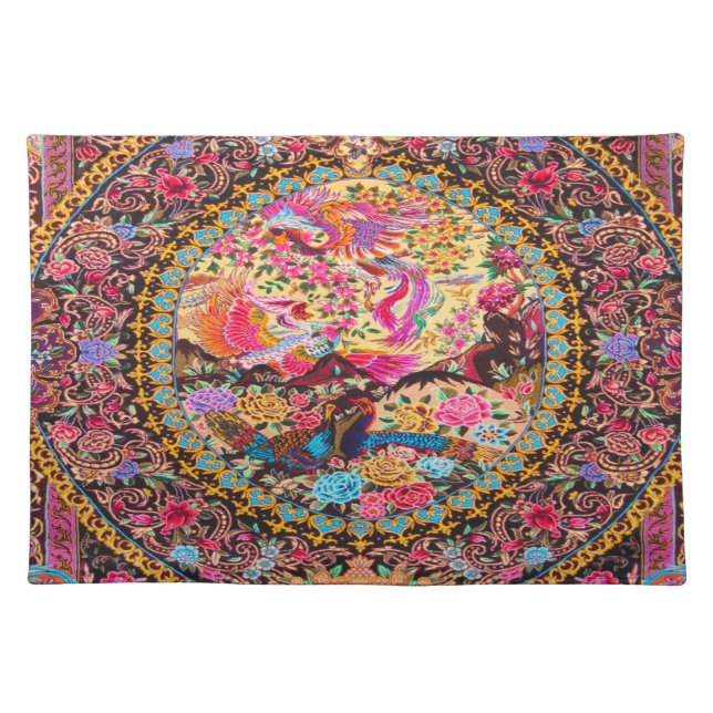 Pink Gold Blue Persian Floral Flowers Peacock Cloth Placemat (Front)