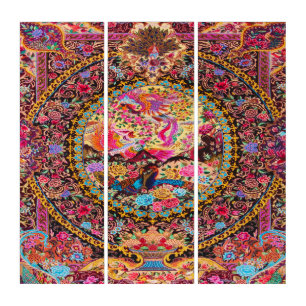 Pink Gold Blue Persian Floral Flowers Peacock Triptych