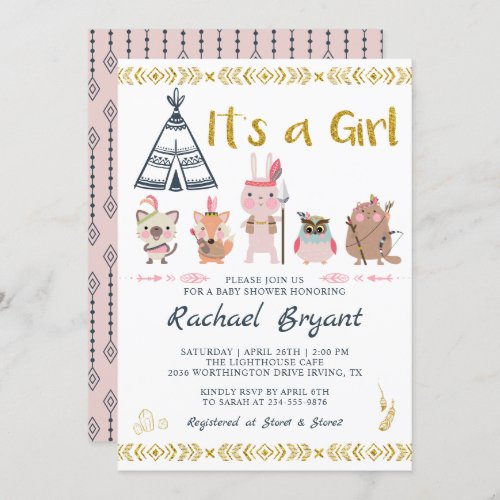 Pink Gold Boho Animals Its A Girl Baby Shower Invitation