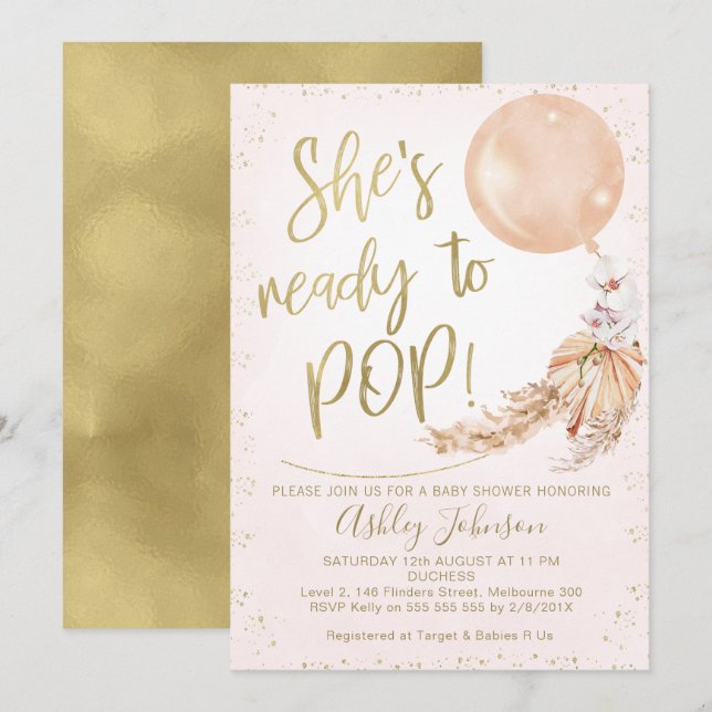 Pink Gold Boho Balloon Ready To Pop Baby Shower  Invitation (Front/Back)