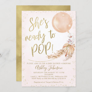 Pink Gold Boho Balloon Ready To Pop Baby Shower  Invitation